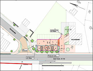 Plan zur Umgestaltung des Parkplatzes an der Volksbank vor der Umgestaltung